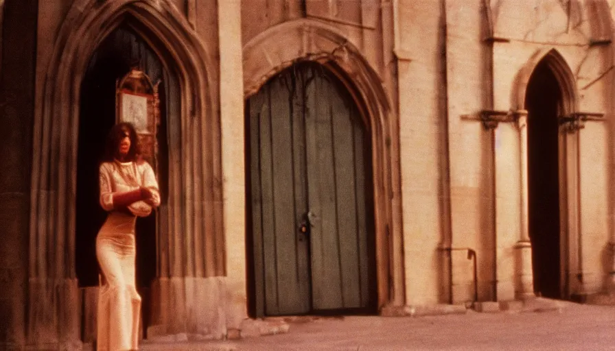 Image similar to 7 0 s film still from a horror movie about a beautiful woman standing at the entrance of a church, kodachrome, cinecolor, cinestill, film grain, film texture, retro, cinematic, high resolution, photorealism,