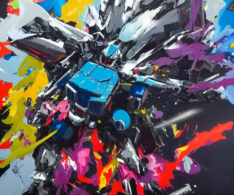 Prompt: acrylic and spraypaint action shot of a giant gundam battling in space, explosions, graffiti wildstyle, large brush strokes, painting, paint drips, acrylic, clear shapes, spraypaint, smeared flowers, origami crane drawings, large triangular shapes, painting by ashley wood, totem 2, jeremy mann, masterpiece