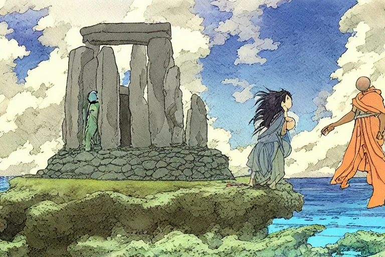 Prompt: a hyperrealist studio ghibli watercolor fantasy concept art. in the foreground is a giant monk in a grey robe lifting a stone. in the background is stonehenge. the scene is underwater on the sea floor. by rebecca guay, michael kaluta, charles vess