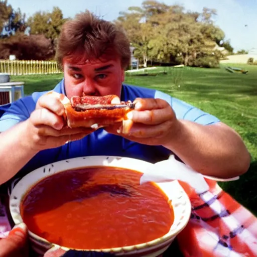 Image similar to john candy floating in pool of bbq sauce, holding up drink of bbq sauce, beckoning camera, drink rested on belly, bbq sauce heaven