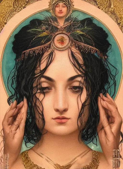 Prompt: beautiful enlightened instagram selfie influencer woman with tattoos, tattooed skin, oil painting, robe, symmetrical face, greek dark ritual myth, by john william godward and anna dittman, masterpiece