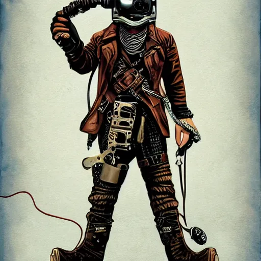 Image similar to Illustrated by Shepard Fairey and H.R. Geiger | Steampunk Mad Max with VR helmet, surrounded by cables