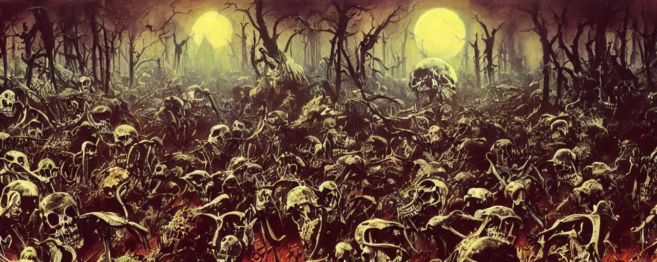 Prompt: frazetta painting of forest of souls filled with skeletons on the ground, nighttime ,daytime , backlight , detailed visible brushmarks