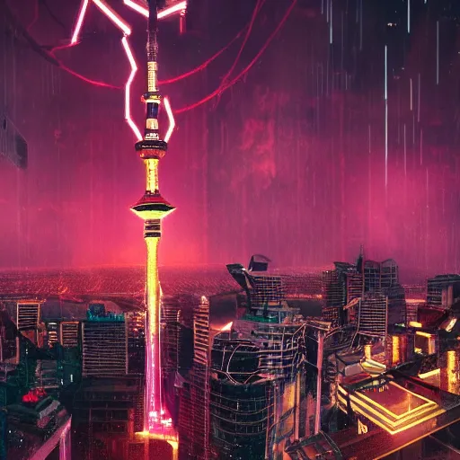 Image similar to auckland city and sky tower furturistic, dynamic lighting, cinematic composition, upside down stranger things, cyberpunk, evil, artstation, octane render