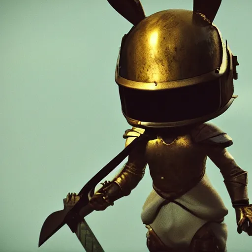 Image similar to bunny with helmet and sword, dramatic lighting cinematic establishing shot extremely high detail foto realistic cinematic lighting post processed