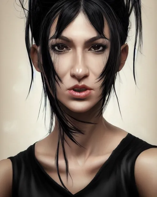 Image similar to portrait of a tall 4 0 - year - old woman with thin lips, long, lush black hair gathered on the head bun, and thick eyebrows, haughty facial expression, wearing in black clothes, aristocratic appearance, hyper realistic face, beautiful eyes, character art, art by mark brooks, hyperdetailed, cryengine, trending on artstation, digital art