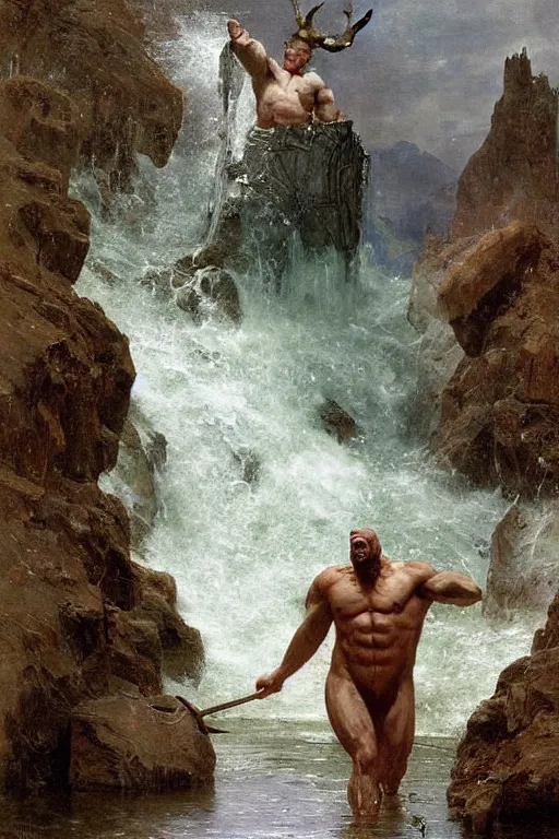 Prompt: martyn fords as huge muscular demon with ram's horns and emerging from lake in rockies, water splashing cascading, beautiful day, by albert bierstadt, ruan jia, lawrence alma tadema, zdzislaw beksinski, norman rockwell, jack kirby, tom lovell, greg staples