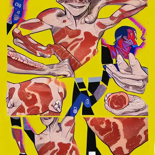 Prompt: come to my block and make a bacon party. pop art style images. symmetrical anatomy. without duplication of images. digital painting. confident posse. concept art. beautiful detailed. artstation. by mel ramos and peter blake