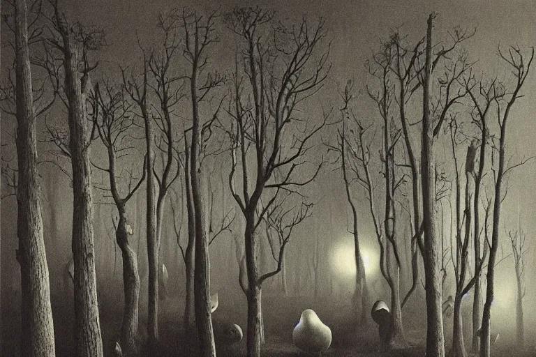 Image similar to IKEA catalogue photo, ghostly teenager bedroom, dark trees, tree trunks, earthy, haunted, dark and misty, owls by Beksiński