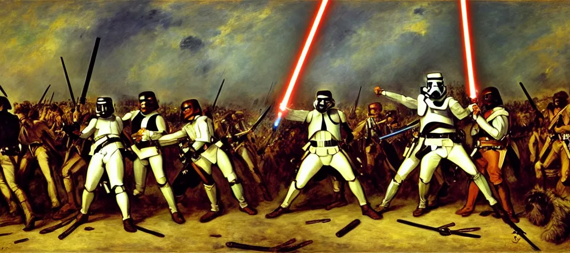 Image similar to liberty leading the people, french revolution, eugene delacroix, jedi, lightsaber, ewoks, at - st, tie - fighter, endor forest, oil on canvas