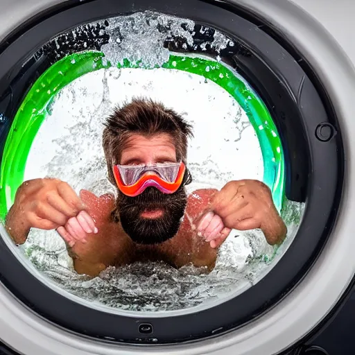 Image similar to tiny bearded Canadian snorkeling inside washing machine, sports photography, detailed, 4k