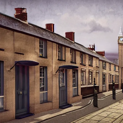 Prompt: digital matte glossy painting nostalgic 1 9 5 0 s town britain, detailed in the style of trevor mitchell