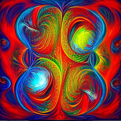 Image similar to love and the first law of thermodynamics, oil painting, fractal, vivid, psychedelic