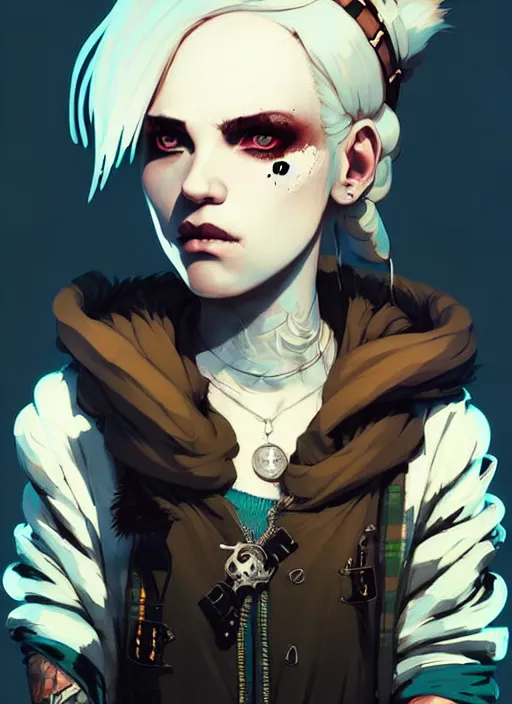 Prompt: highly detailed closeup portrait of a sewer punk rogue lady, tartan vestments, blonde hair by atey ghailan, by greg rutkowski, by greg tocchini, by james gilleard, by joe fenton, by kaethe butcher, gradient, blue, black, brown and cream color scheme, grunge aesthetic!!! white graffiti tag wall background