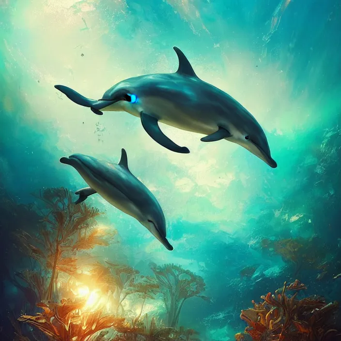 Image similar to dolphin swimming underwater, golden hour, god rays, coral reef, dreamscape by artgerm and ruan jia and ismail inceoglu and greg olsen, cosmos, milky way galaxy, masterpiece, beautiful, intricate, elegant, highly detailed, palm trees