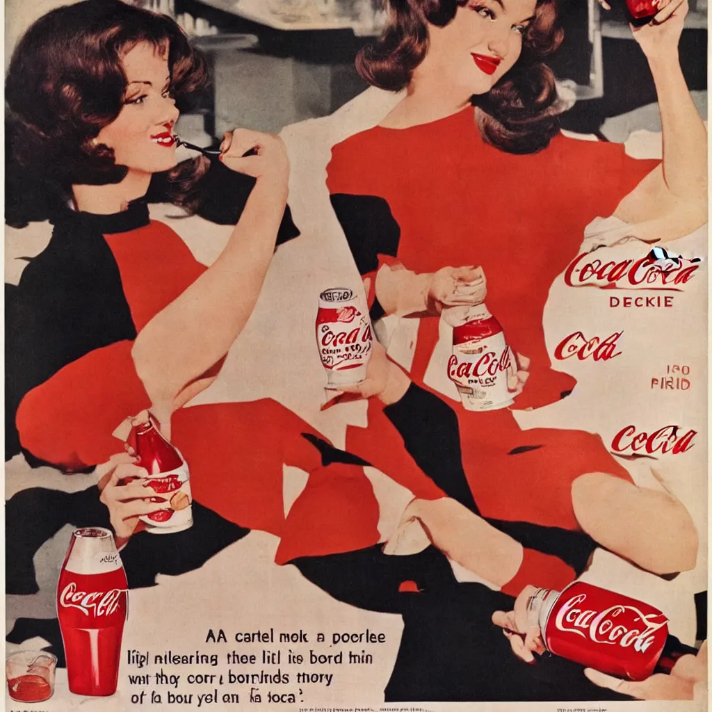 Image similar to a woman drinking a bottle of coke, coka-cola advertisement, retro ad, print advertising, 1960's