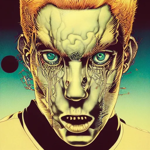 Image similar to portrait of crazy eminem, symmetrical, by yoichi hatakenaka, masamune shirow, josan gonzales and dan mumford, ayami kojima, takato yamamoto, barclay shaw, karol bak, yukito kishiro, areuz