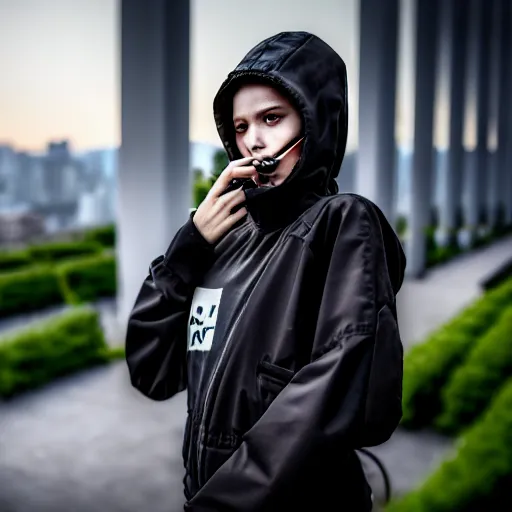 Prompt: candid photographic portrait of a poor techwear mixed young woman smoking inside a dystopian city, closeup, beautiful garden terraces in the background, sigma 85mm f/1.4, 4k, depth of field, high resolution, 4k, 8k, hd, full color