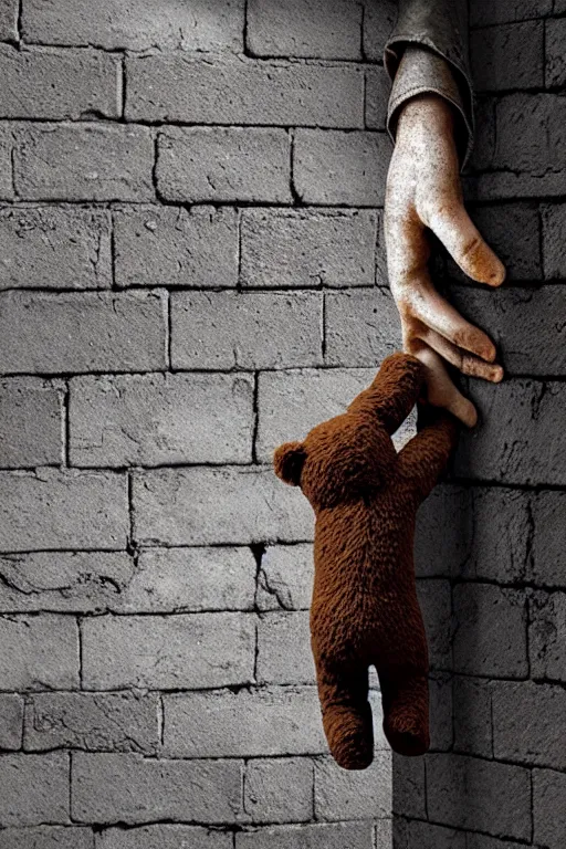 Prompt: giant crack hole on the brick concrete wall, hand coming from inside the crack reaching towards camera hand is holding a dirty ealistic teddybear. gloomy, intricate, elegant, highly detailed, digital painting, artstation, concept art, addiction, chains, smooth, sharp focus, illustration, art by ilja repin