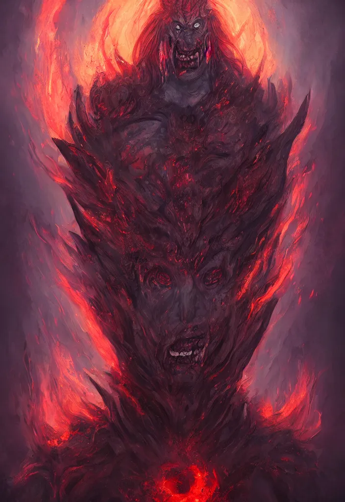 Image similar to a portrait of a gigantic meduss as a demon in a fiery hell, eerie, dark, magical, fantasy, trending on artstation, digital art.