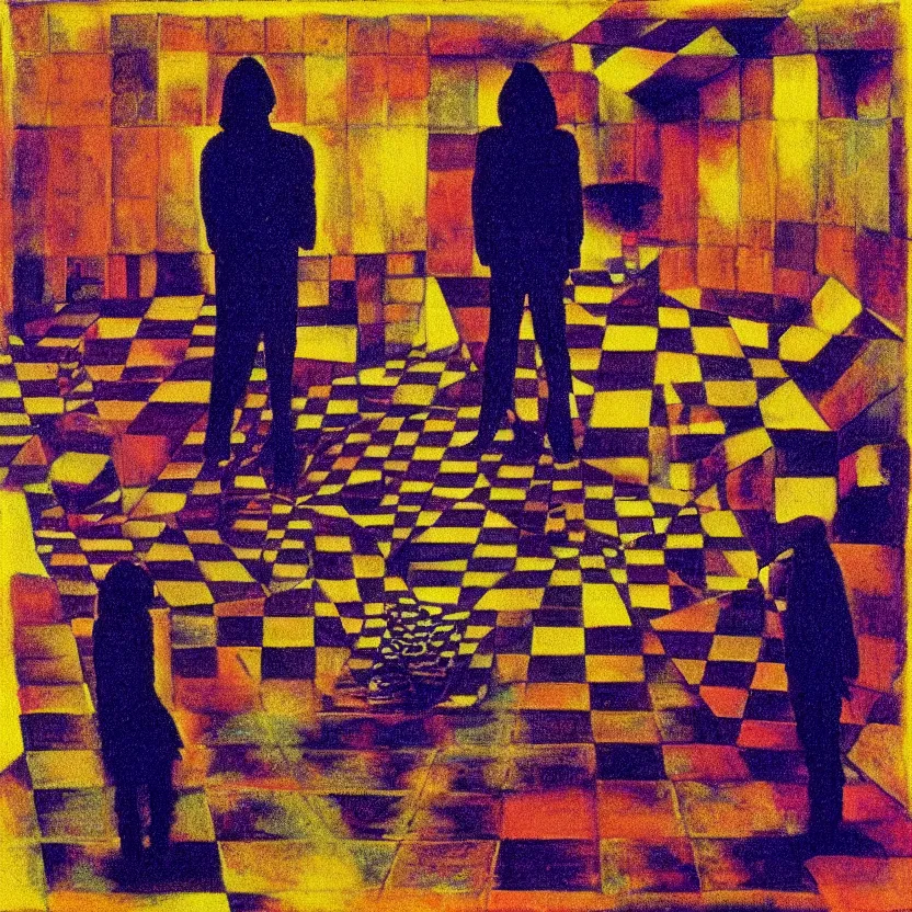 Prompt: two people standing on top of a checkered floor, an album cover by syd barrett, tumblr, neo - expressionism, darksynth, nightmare, cosmic horror