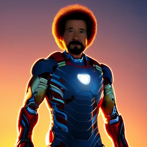 Image similar to a still of Bob Ross as Ironman. Magic Hour. Professional photography, 4K. Mood