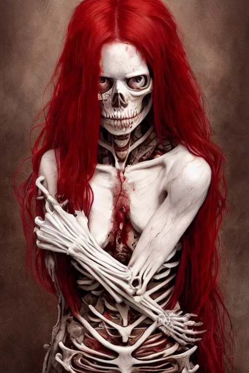 Image similar to woman skeleton covered with blood, long red hair, ultra realistic, concept art, intricate details, highly detailed, photorealistic, octane render, 8 k, unreal engine. mild film still, heavy grain, art by artgerm and greg rutkowski and alphonse mucha