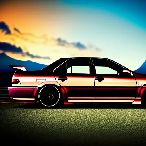 Image similar to a car drift spec toyota chaser in middle of road, gunma prefecture, city sunset night, cinematic color, photorealistic, highly detailed
