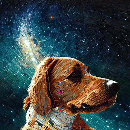 Image similar to mosaic portrait of a beautiful young dog falling into the stars by greg rutkowski, 4k, intricate details