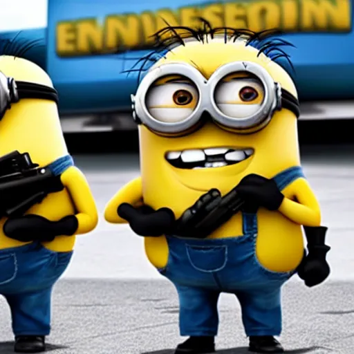 Prompt: minions sighted in local gas station, begin shooting people with guns