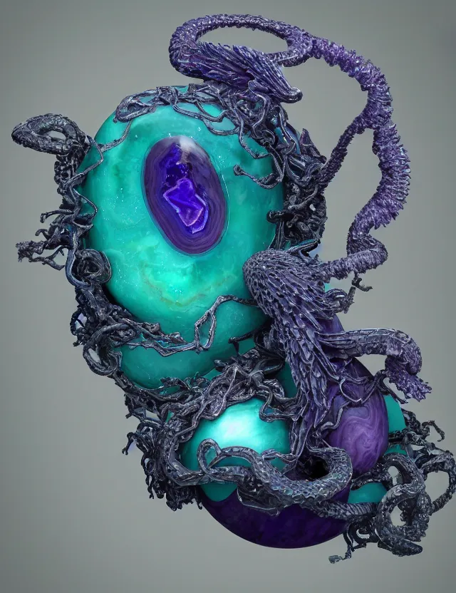 Prompt: a photo of a sculpture a winged serpent child made from blue and emerald and amethyst crystal geode formations encircling a marble egg on a base of obsidian made with liquid gold tendrils flowing by ellen jewett by stanisław szukalski, octane render, recursive, tendrils, elestial crystals, geode, refracted light