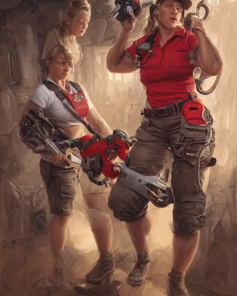 Image similar to epic portrait a slightly muscular woman wearing short sleeved uniform and carrying a red power tool drill, detailed, centered, digital painting, artstation, concept art, donato giancola, Joseph Christian Leyendecker, WLOP, Boris Vallejo, Breathtaking, 8k resolution, extremely detailed, beautiful, establishing shot, artistic, hyperrealistic, beautiful face, octane render