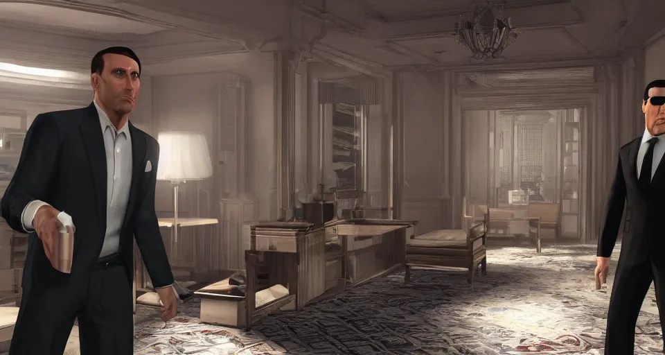 Image similar to Screenshot of Sterling Archer from the show Archer as a 3d NPC in the videogame 'Hitman 3' (2021). Scene is a wealthy event in a decadent environment. Sharpened. 1080p. High-res. Ultra graphical settings.