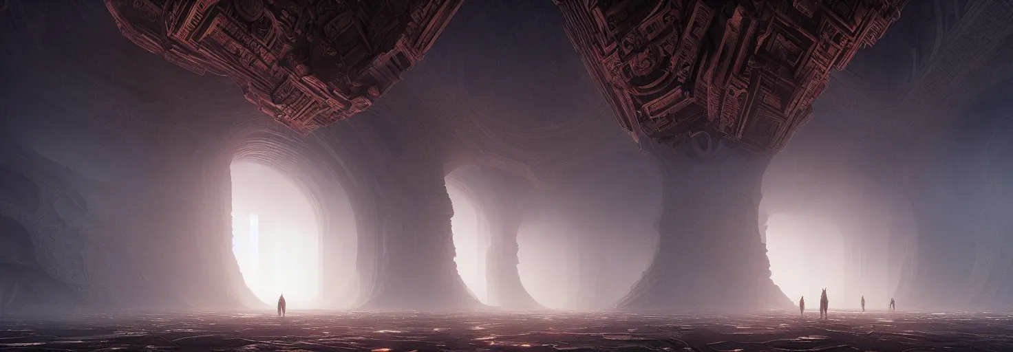 Prompt: entropia of universe epic cinematic massive fractal megastructure in the temple monumental architecture lava textures on the walls : big light rays from the windows : hyper realism : dark energy : unreal engine : hyper realistic render : artstation : greg rutkowski : loish : ferdinand knab