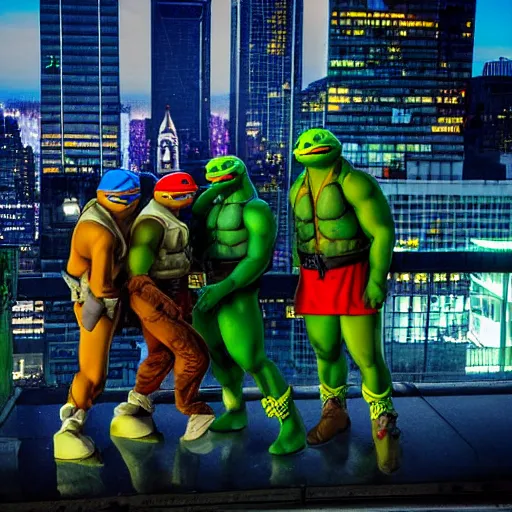 Prompt: a stormy, vaporwave, long shot of the four teenage mutant ninja turtles on top of a buidling in New York, night time.