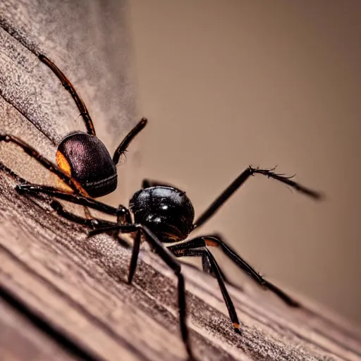 Image similar to a close up shot of a spider attacking a ant on a wooden table, microshot.