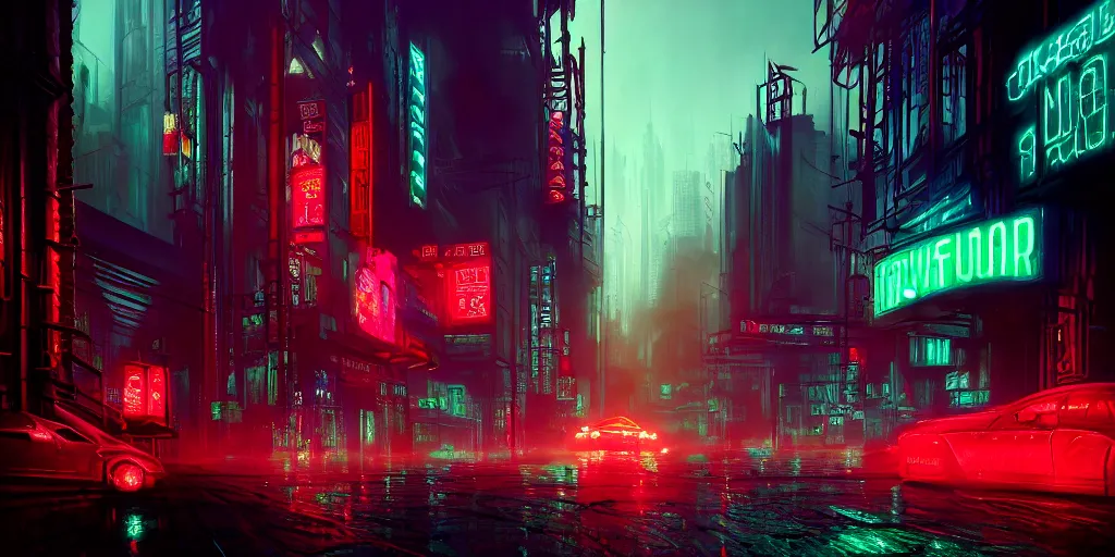 Prompt: concept art, octane render, a brooding, dystopian city, reflections, volumetric neon lighting, dramatic, emerald red neon glow, 8 k, ultra - hd, insanely detailed and intricate, hypermaximalist, elegant, ornate, by gerald brom, by syd mead, akihiko yoshida, doug chiang, cinematic