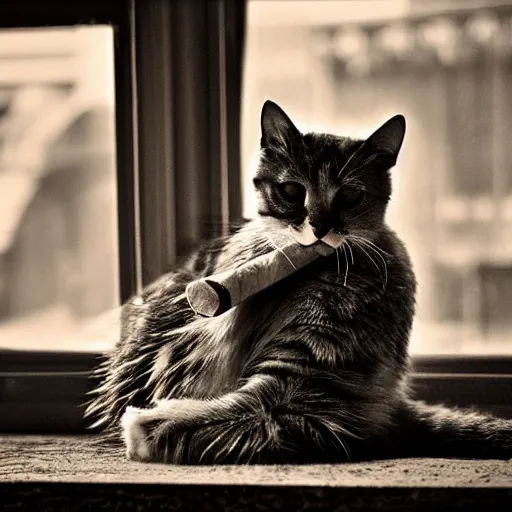 Prompt: cat smoking a cigar, photography, dimly lit