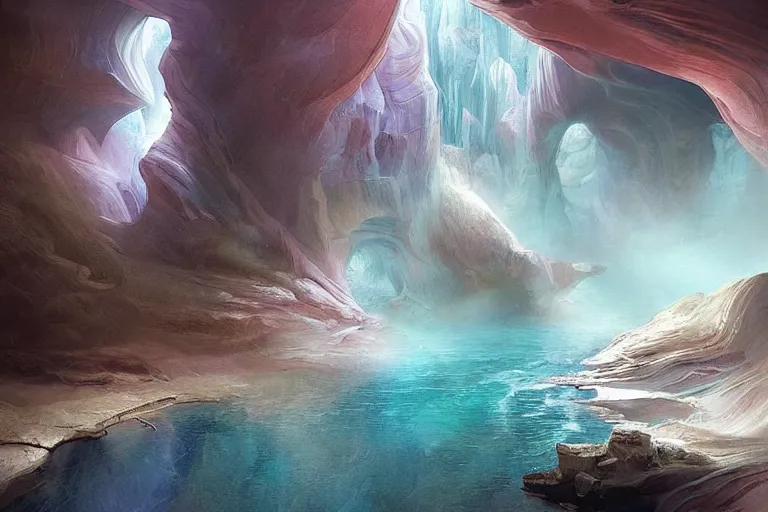 Image similar to Celestial majestic luxurios futuristic other worldly realm with Singaporean royal gold lush volcano, set on Antelope Canyon with white thermal waters flowing down pink travertine terraces, relaxing, ethereal and dreamy, during the thunderstorms and multiversal tornado with chaotic disaster, visually stunning, from Star Trek 2021, illustration, by WLOP and Ruan Jia and Mandy Jurgens and William-Adolphe Bouguereau, Artgerm