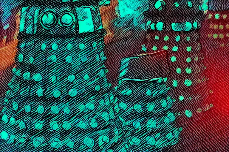 Image similar to daleks!, in the style of john avon and derek riggs and eva widermann, trending on artstation, halfrear lighting closeup view anaglyph filter, bokeh, anime, colored pencil art, belle epoque