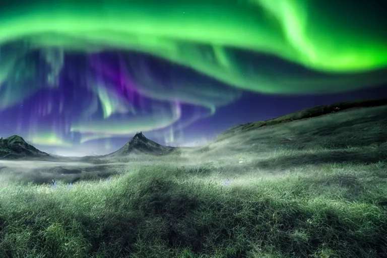 Image similar to fantasy land, dark aurora borealis, mist, swirls f clouds, atmosperic