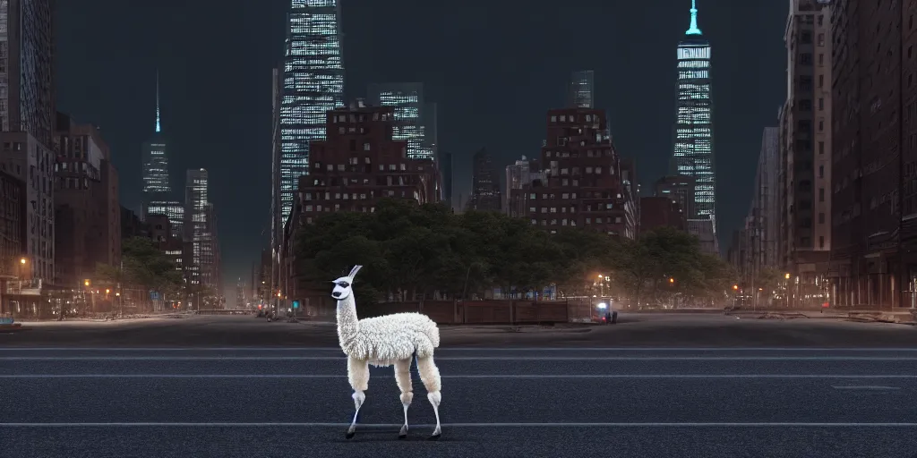 Image similar to a llama walking through a desolate manhattan city street at night, statue of liberty seen in the background, realistic 4 k octane beautifully detailed render, 4 k post - processing, highly detailed, detailed face, intricate complexity, epic composition, magical atmosphere, cinematic lighting, masterpiece, color picture, ultra hd