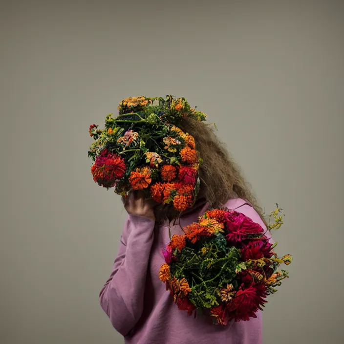 Prompt: a woman wearing a hood made of wire and zinnias, in an abandoned office building, by steven assael, canon eos c 3 0 0, ƒ 1. 8, 3 5 mm, 8 k, medium - format print