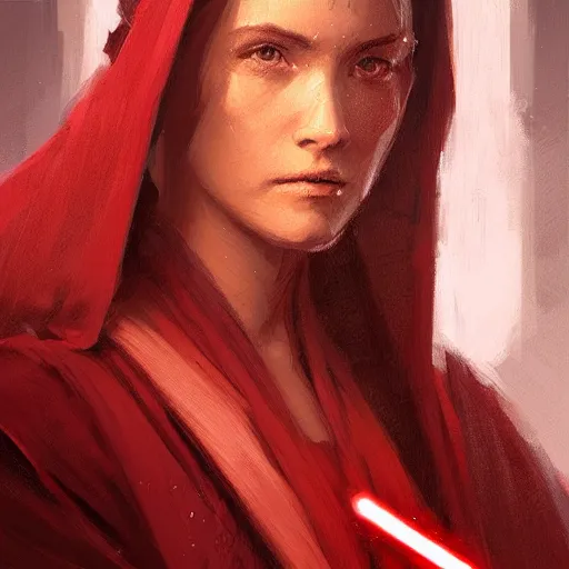 Image similar to portrait of a woman by greg rutkowski, jedi princess, straight black hair, jedi robes, star wars expanded universe, she is about 2 0 years old, elegant, graceful, wearing red jedi robes, highly detailed portrait, digital painting, artstation, concept art, smooth, sharp foccus ilustration, artstation hq