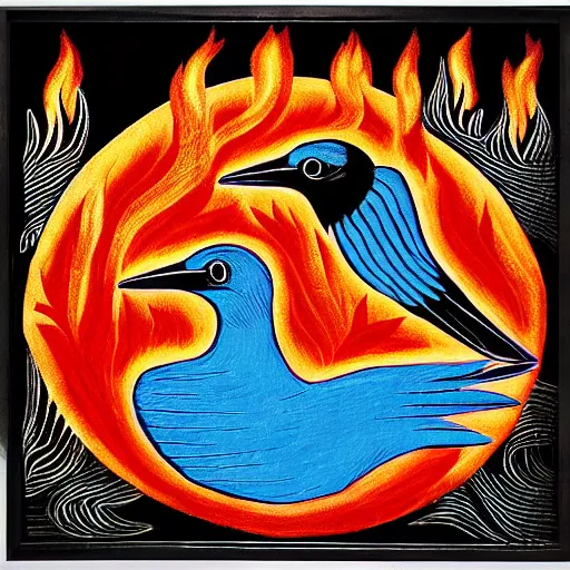 Image similar to a bird rising above the flames, mexican folk art, native american folk art, relief engraving, framed art, simple, deep black shading, mild expressionism, award winning