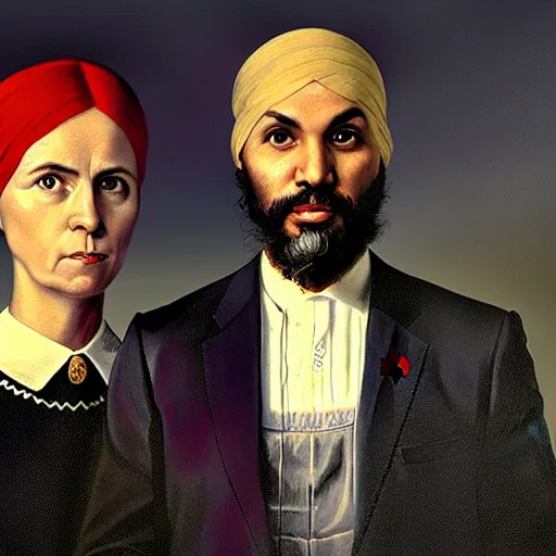 Prompt: Justin Trudeau with Jagmeet Singh in the american gothic painting, concept art, sharp focus, highly detailed digital painting by Gustave Corbet, artstation