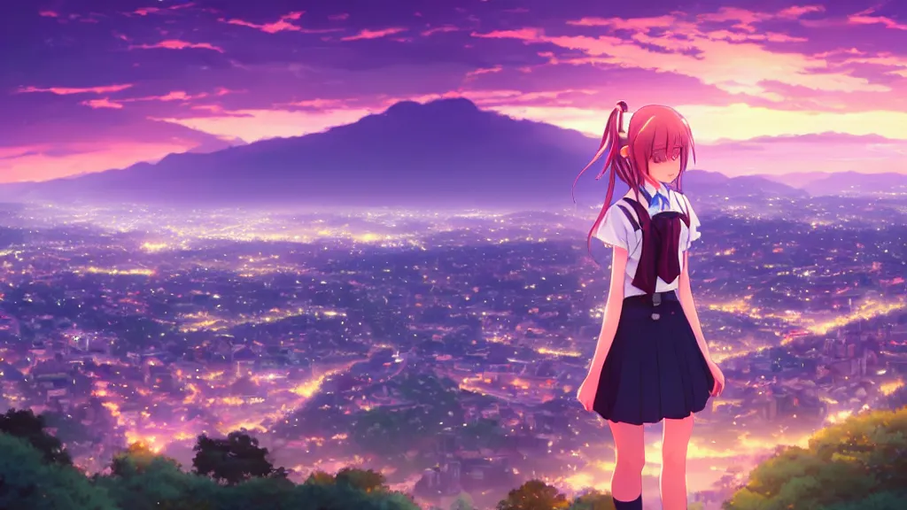 Prompt: a schoolgirl was looking at the city in the distance on the hillside, beautiful and spectacular dusk, sky was half illuminated by the setting sun and half was the beautiful milky way, rich vivid colors, ambient lighting, dynamic lighting, official media, anime key visual, rossdraws, detailed, trending on artstation.