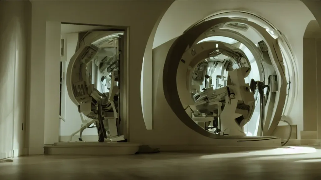 Image similar to an mri image open mri exposed uncovered machine portal in the living room, film still from the movie directed by denis villeneuve with art direction by salvador dali, wide lens