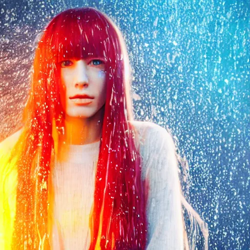 Prompt: a beautiful girl with long blue hair in a ponytail, with bangs, pale skin, yellow eyes, fully clothed in red robes, highly detailed, 8 k, octane render, professional portrait, realistic oil painting, rainy window, volumetric lighting, water droplets frozen in time, sprites, god rays,