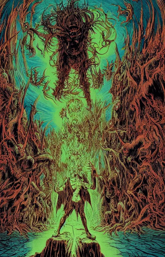 Prompt: The hellspawn demon greeting souls of sinners at the gates of the River Styx by Dan Mumford and Josan Gonzalez: 1, by Utagawa Kuniyoshi and Stephen Gammell: 0.5, vibrant: 0.75, psychedelic, green: 0.25, blue: 0.25